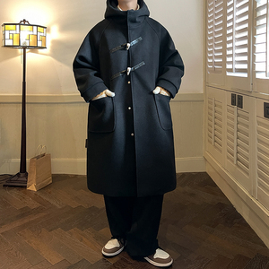 冬高级感男长款连帽牛角扣毛呢外套宽松呢大衣风衣潮  ADY12 P128图片