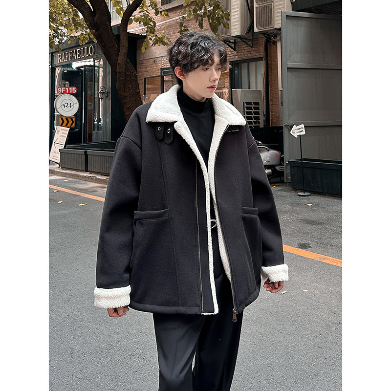羊羔毛呢子大衣短款痞帅外套加厚棉服冬季男棉衣313P128,男装棉衣,电商A070