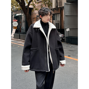 羊羔毛呢子大衣短款痞帅外套加厚棉服冬季男棉衣313P128