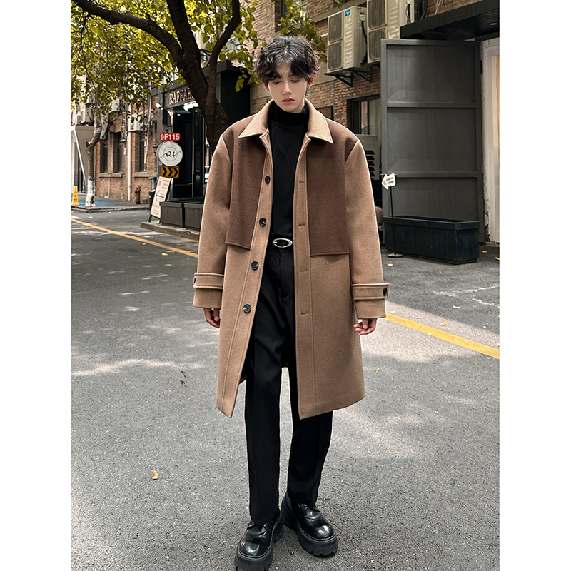 高级撞色呢子长款宽松风衣外套保暖高街男韩版呢子大衣AY21P118，男装风衣，电商A070