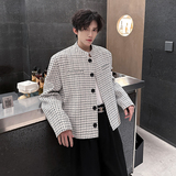 春垫肩格子短款小香风外套西装立领修身男夹克小西服JK370P108，商品下架区，电商A070