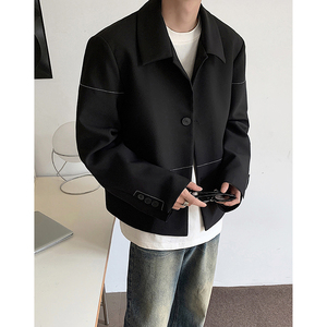 韩简约小众短款新西装夹克翻领设计黑色男女休闲西服 XZ208 P95,男装西服,电商A070