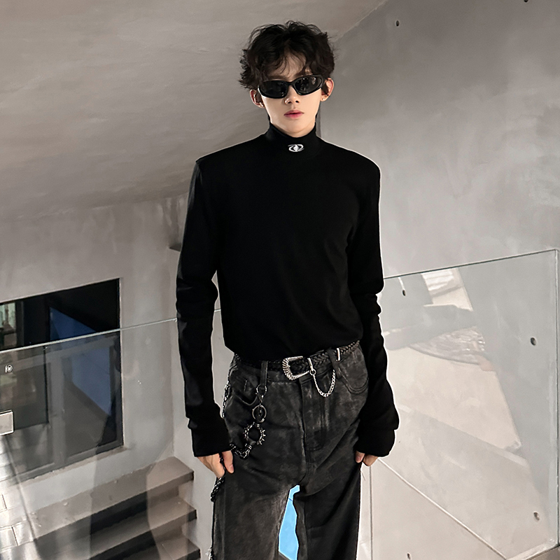 垫肩设计小众半高领打底衫男高级感内搭黑色潮长袖T恤2272P48，男装T恤，电商A070
