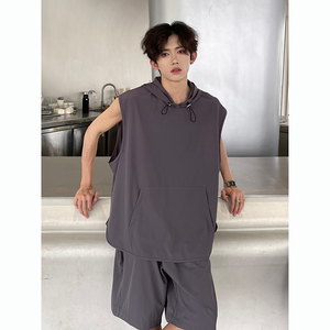 背心马甲套装 宽松连帽潮牌T恤短裤 男短袖2件套装 AZ753 P75，男装牛仔裤，电商A070