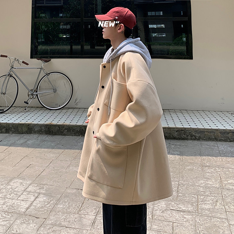 简约中长款风衣连帽撞色宽松青少年bf男毛呢大衣DY09P120,男装风衣,电商A070