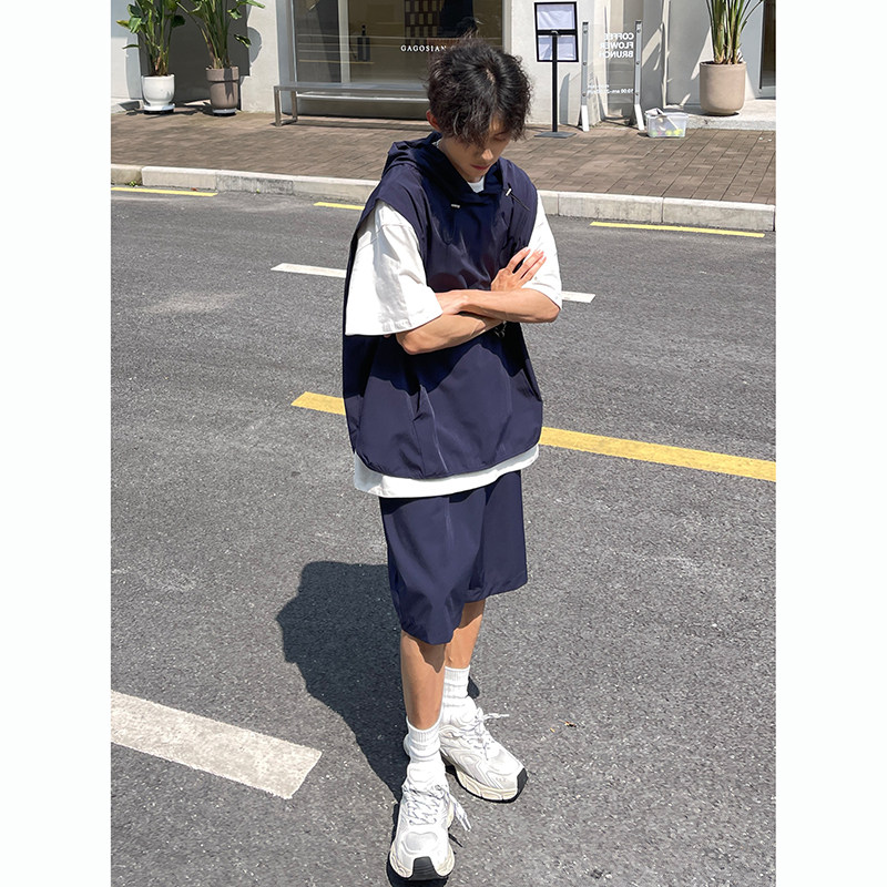 背心马甲套装宽松连帽潮牌T恤短裤男短袖2件套装AZ753P75,男装T恤,电商A070