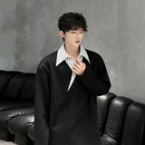 假两件V领拼接条纹衬衫领T恤潮男宽松长袖2262P55加绒P60，男装T恤，电商A070