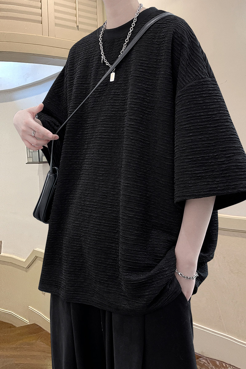 立体横条小香风落肩宽松男士五分短袖HD1014P35,男装T恤,电商A070
