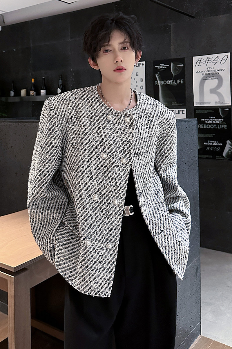 垫肩高级感小香风双排扣西服外套斜纹轻奢短款男夹克JK371P128,男装夹克,电商A070