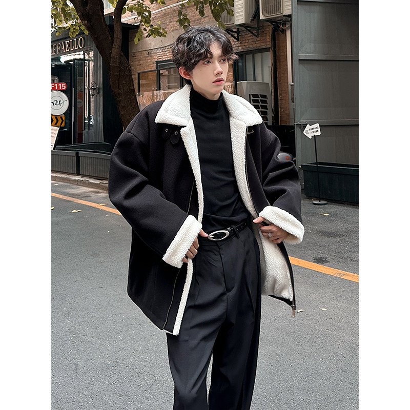 羊羔毛呢子大衣短款痞帅外套加厚棉服冬季男棉衣313P128,男装棉衣,电商A070