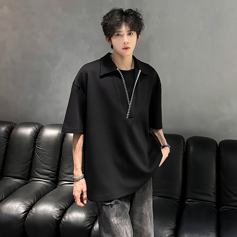 假两件设计感男装潮流polo衫T恤明线V领宽松韩版短袖CD1087P38,男装T恤,电商A070
