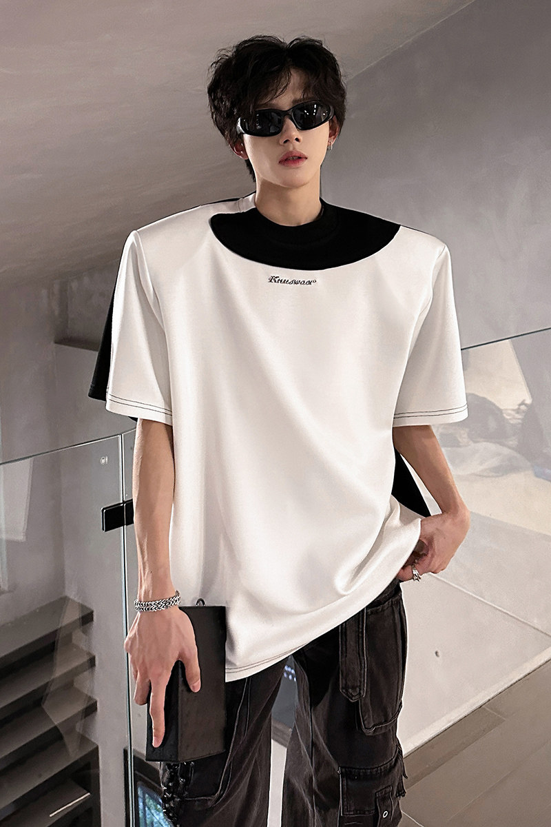 垫肩设计金属装饰小众高街美式T恤宽松撞色男夏短袖潮CD1067P48,男装T恤,电商A070