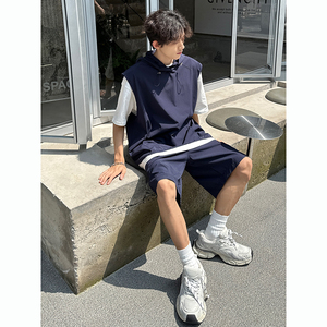 背心马甲套装 宽松连帽潮牌T恤短裤 男短袖2件套装 AZ753  P75图片