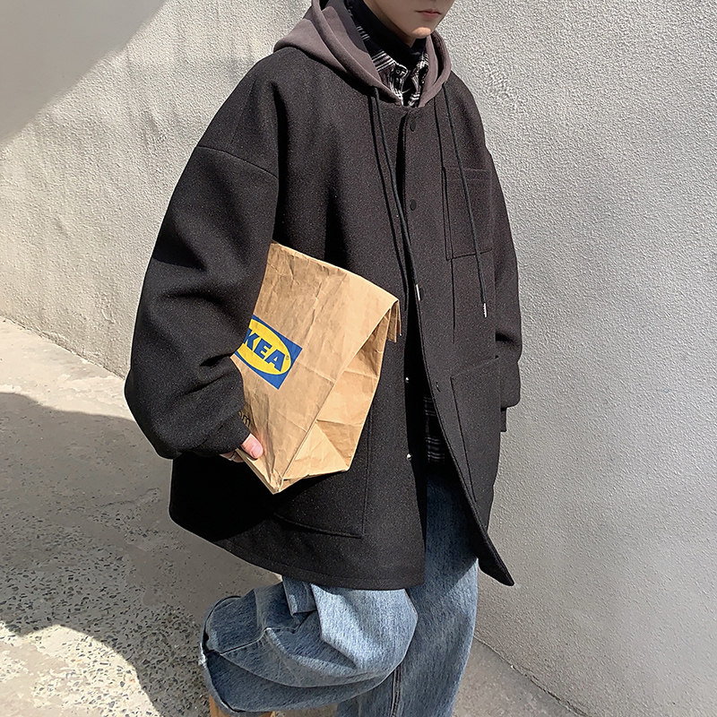 简约中长款风衣连帽撞色宽松青少年bf男毛呢大衣DY09P120,男装风衣,电商A070