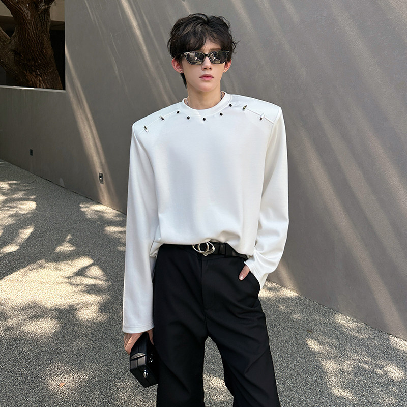 垫肩小众金属装饰卫衣潮重工T恤宽松男长袖 CD2265 P55 加绒 P60图片