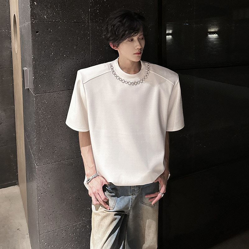 垫肩设计小香风小众重磅金属宽松T恤夏季半袖潮男短袖CD1060P48,男装T恤,电商A070