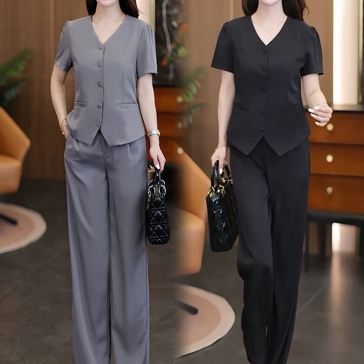 时尚西装套装女2025夏季新款高级感气质纯色v领短袖阔腿裤两件套