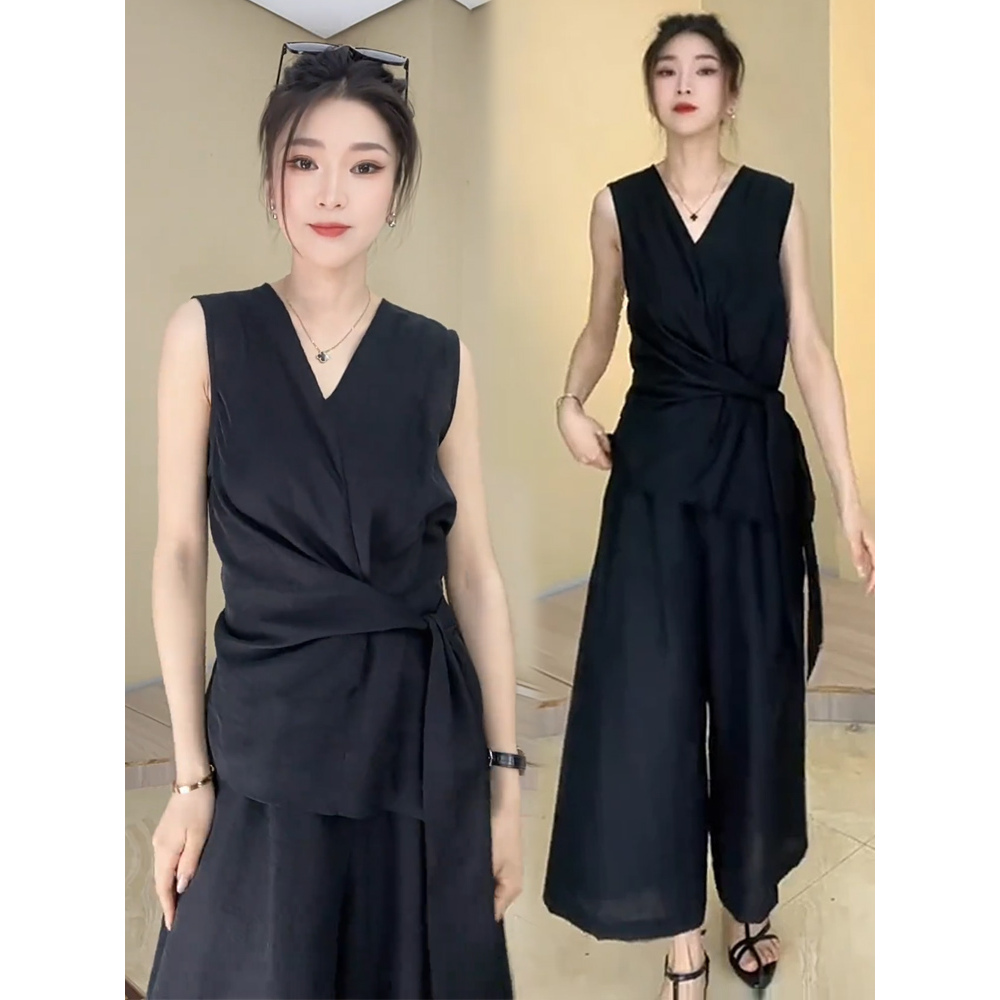 时尚雪纺套装女2025夏季新款显瘦无袖V领系带衬衫阔腿裤两件套潮
