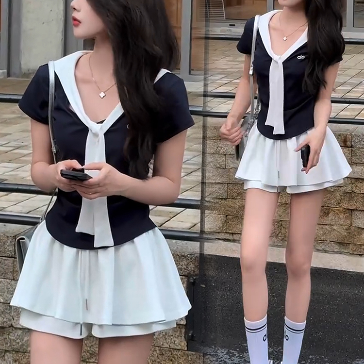 运动休闲套装女2025夏季新款洋气显瘦披肩短袖上衣短裤裙两件套潮