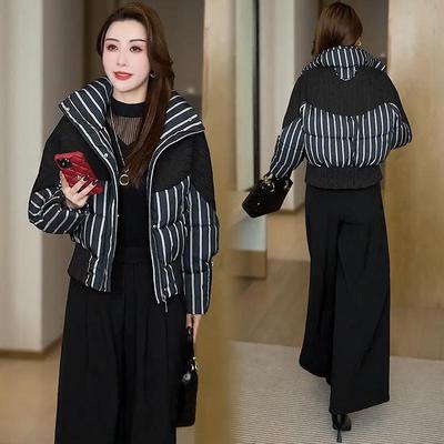 羽绒棉服女2024冬季新款今年流行爆款显瘦不臃肿条纹短款棉衣外套