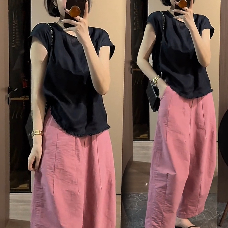 时尚洋气韩系套装女2025夏季新款显瘦短袖休闲九分阔腿裤两件套潮