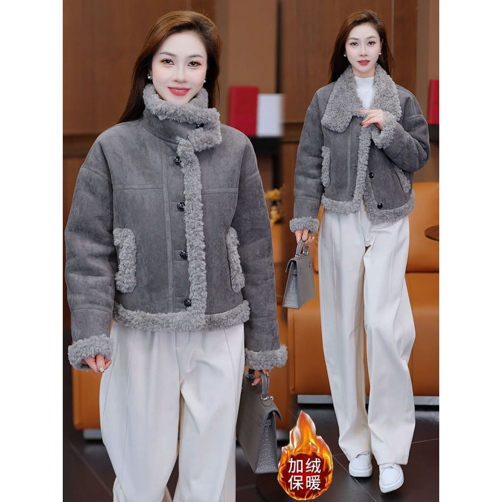 时尚加绒加厚皮毛一体短外套