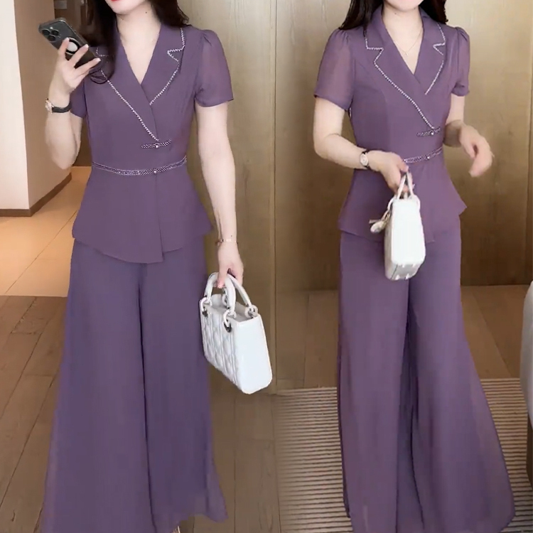时尚洋气雪纺套装女2025夏季新款洋气显瘦新中式上衣阔腿裤两件套