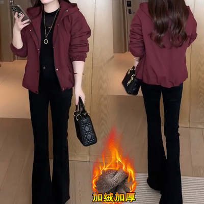 时尚加绒加厚连帽短风衣外套