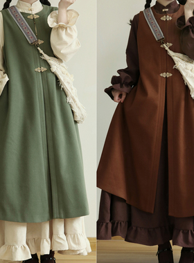 摸鱼儿改良立领连衣裙加口袋毛呢比甲日常出街汉元素汉服春秋冬