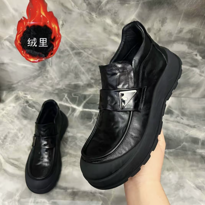 头层牛皮冬季加绒保暖男鞋真皮短靴子时尚百搭厚底一脚蹬休闲皮鞋