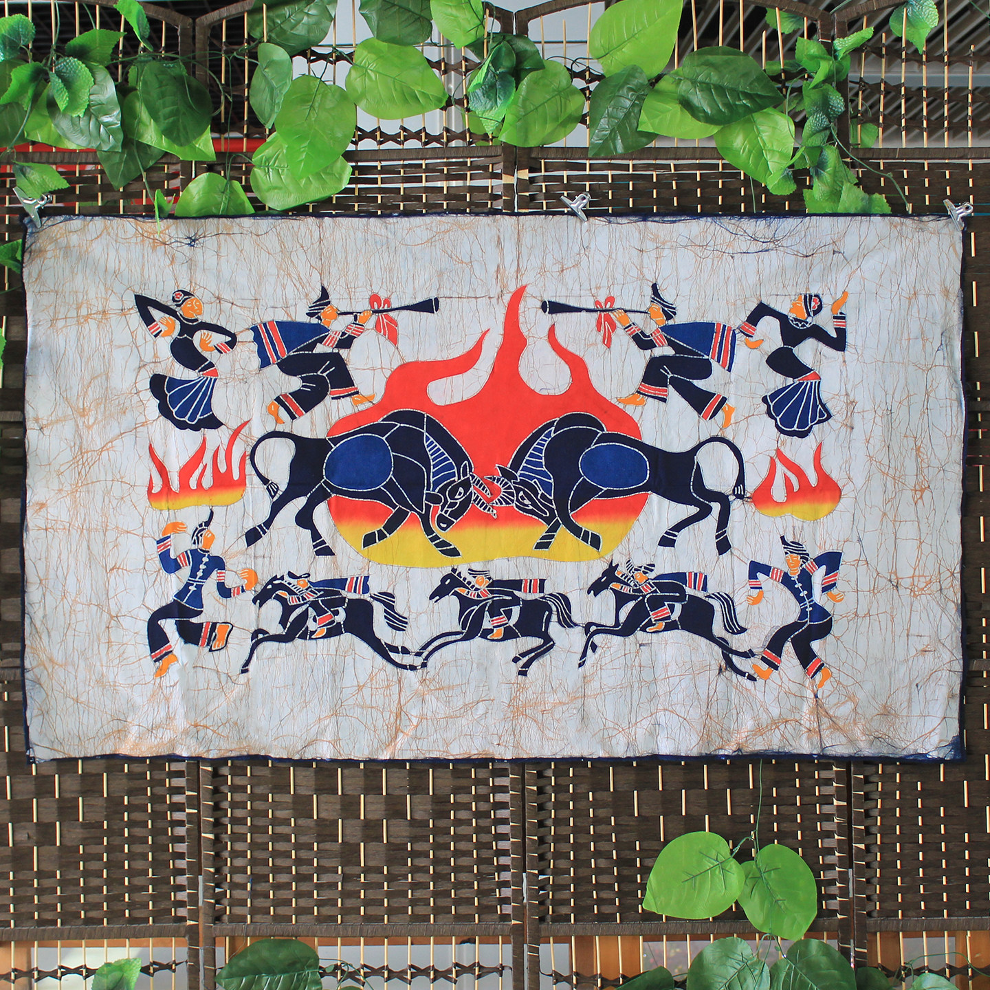 民族风蜡染画云南彝族斗牛餐厅客厅酒吧装饰壁画手工特色布画挂画