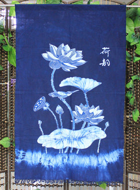 蜡染装饰画荷韵布艺门帘带流苏蓝染背景画扎染风格挂画客厅中式画
