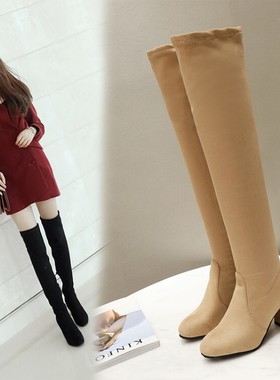 绒面灰色杏色靴子女高跟过膝长靴弹力瘦靴大码女靴小码女鞋 ASCP