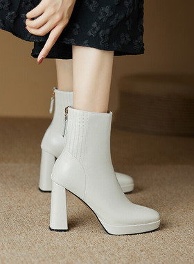 欧美性感鞋短筒白色靴子防水台超高跟短靴女秋冬皮靴真皮女靴 NWS