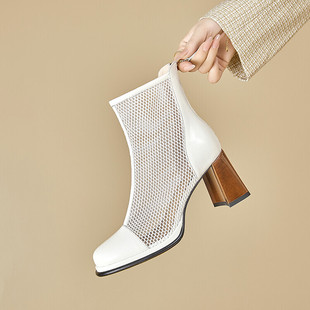 皮靴薄款 单靴圆头粗跟春秋夏靴镂空透气网靴真皮凉靴子CZ