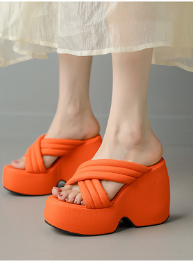 夏季凉鞋高跟厚底坡跟拖鞋女橘色绿色米白色桔色橙色大码凉拖 AMY