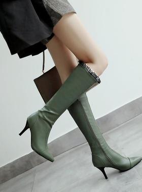 秋冬瘦靴绿色靴白色靴子尖头鞋细跟高跟高筒女大码女靴小码 ASCP