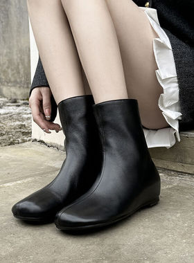 秋冬皮靴棕色靴子舒适好走路软皮鞋内增高中跟短靴女真皮女靴JQQ