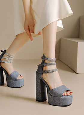 欧美外贸性感厚底防水台超高跟凉鞋女L蓝色灰色牛仔布大码鞋 HSH