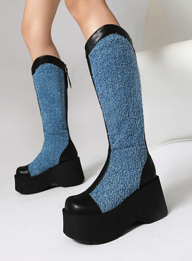 秋冬蓝色圆头松糕厚底高筒靴女弹力瘦瘦靴增高鞋欧美大码女靴ZXG