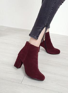 缺码处理 清仓 秋冬女鞋绒面粗跟高跟短靴短筒靴子女黑色37码 MSA