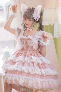 LucyAndLory原创设计小奶喵猫暗纹版短袖OP夏款Lolita洛丽塔裙