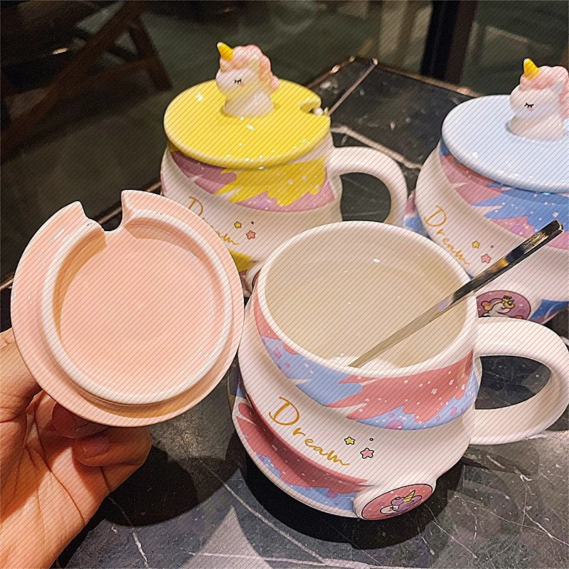 陶瓷独角兽水杯螺旋彩虹马克杯咖