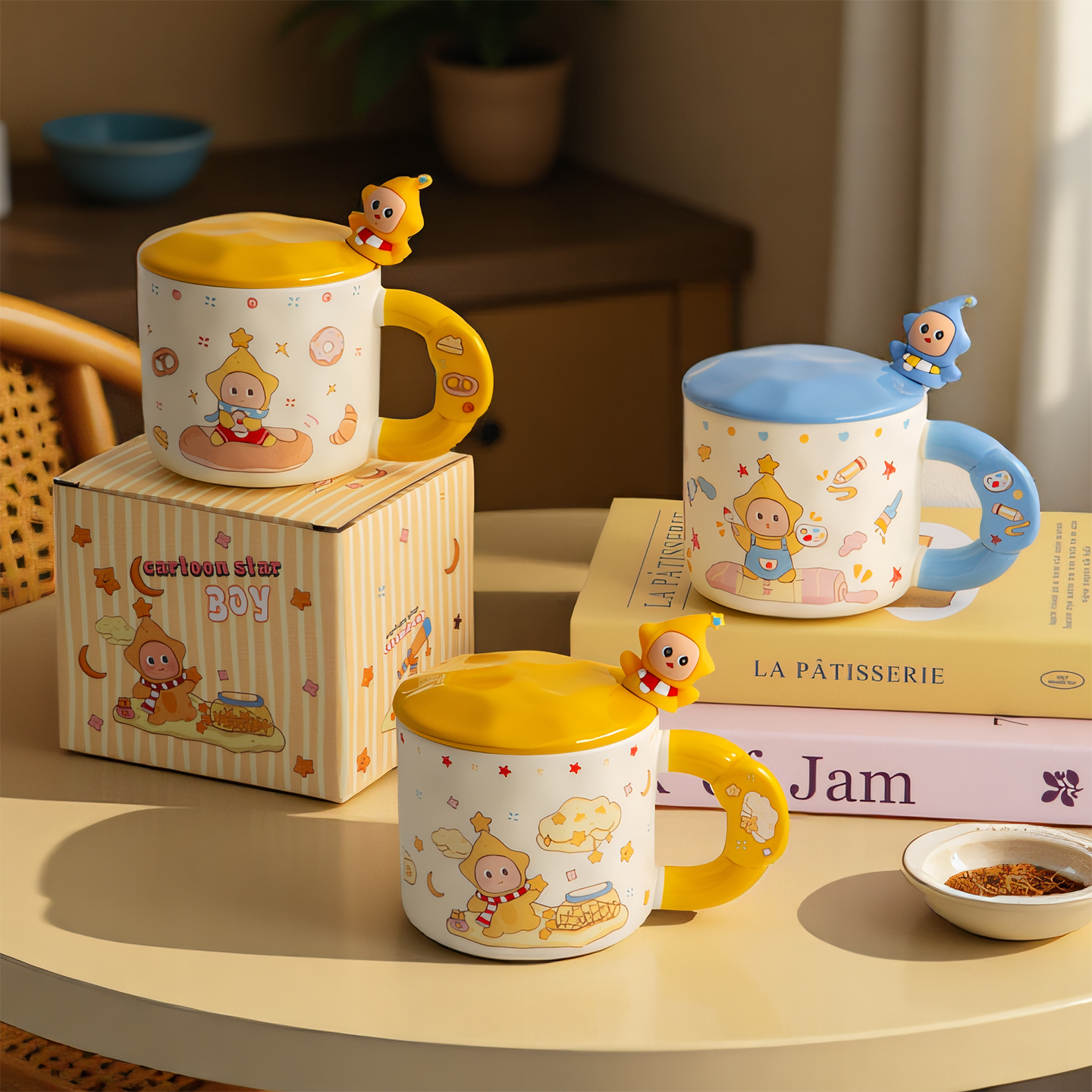 星星人陶瓷马克杯带盖勺