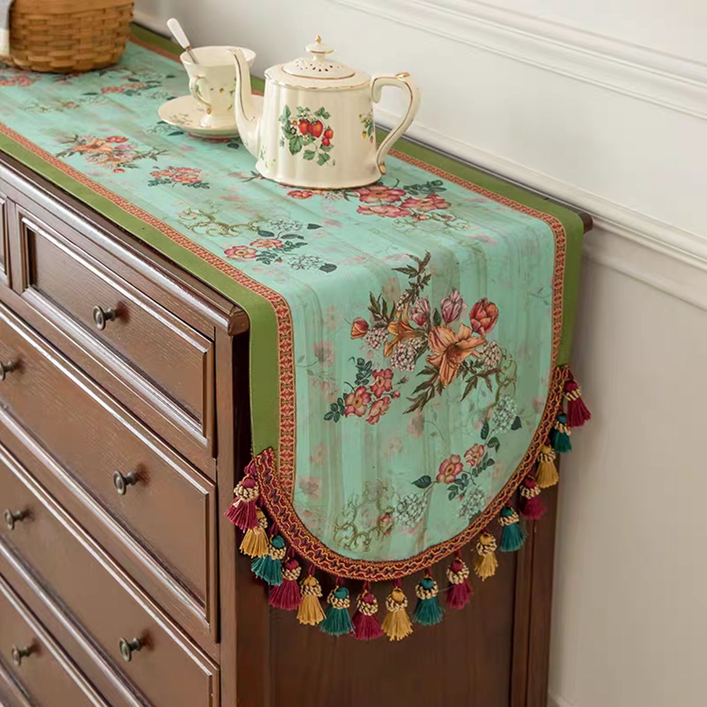 复古流苏桌旗法式餐桌茶几布艺