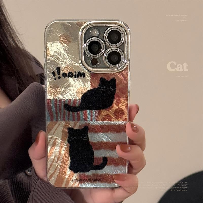 秋冬氛围感手机壳适用iPhone16慵懒黑猫手机壳冰川纹ins风15pro秋