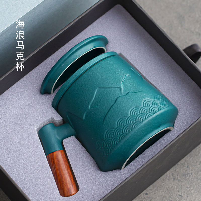 陶瓷茶杯个人家用木柄马克杯咖啡杯带盖过滤泡茶办公室喝水杯子