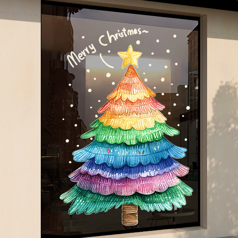 圣诞装饰窗花窗贴彩色圣诞树雪花静电贴玻璃贴纸橱窗氛围场景布置