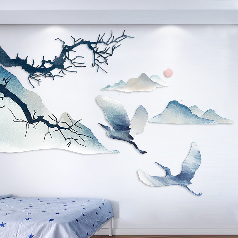 古风意境山水仙鹤图床边装饰贴墙壁自粘贴纸卧室3d立体背景墙贴画