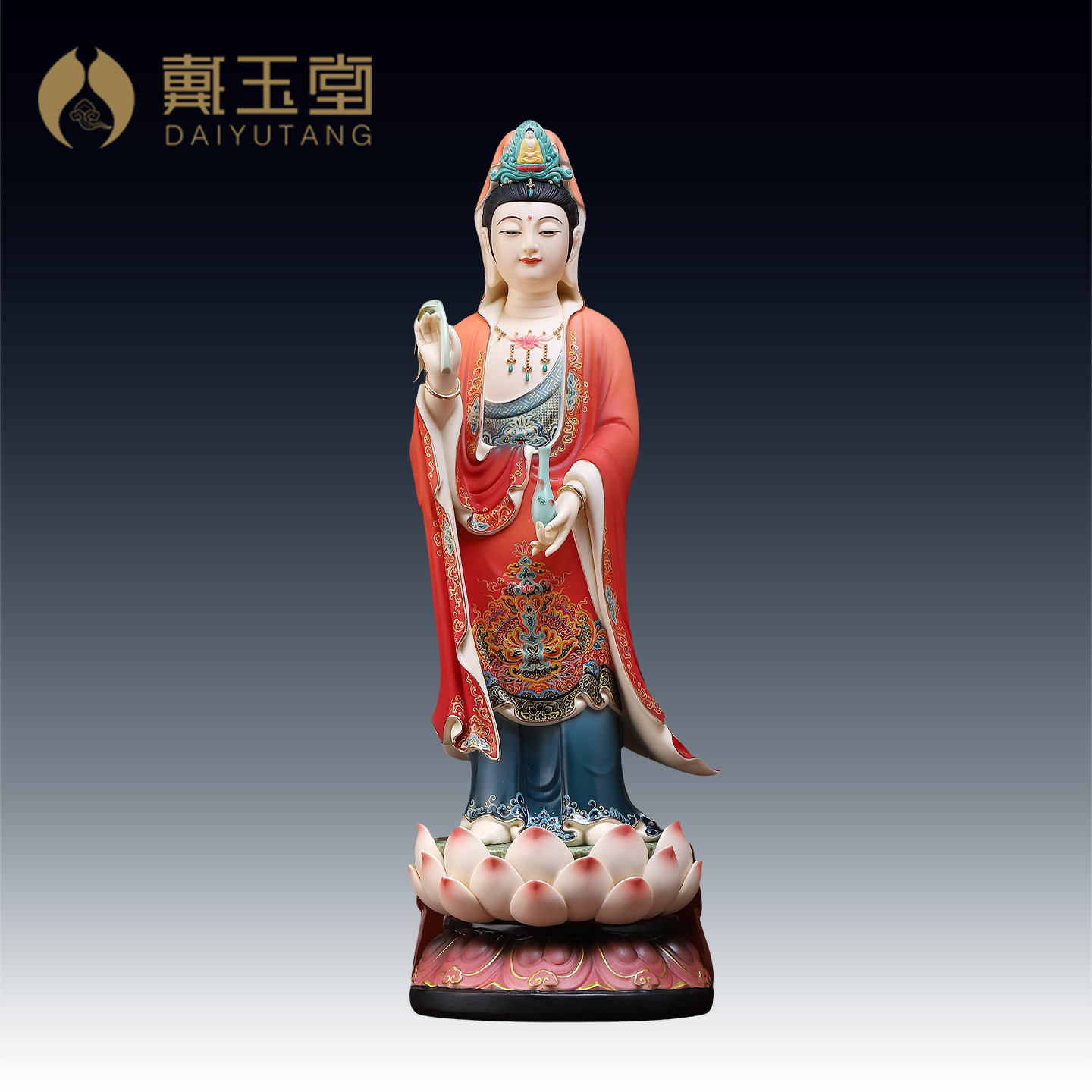 戴玉堂陶瓷《立莲观音 藏红彩》家用佛像供奉观世音菩萨站像摆件